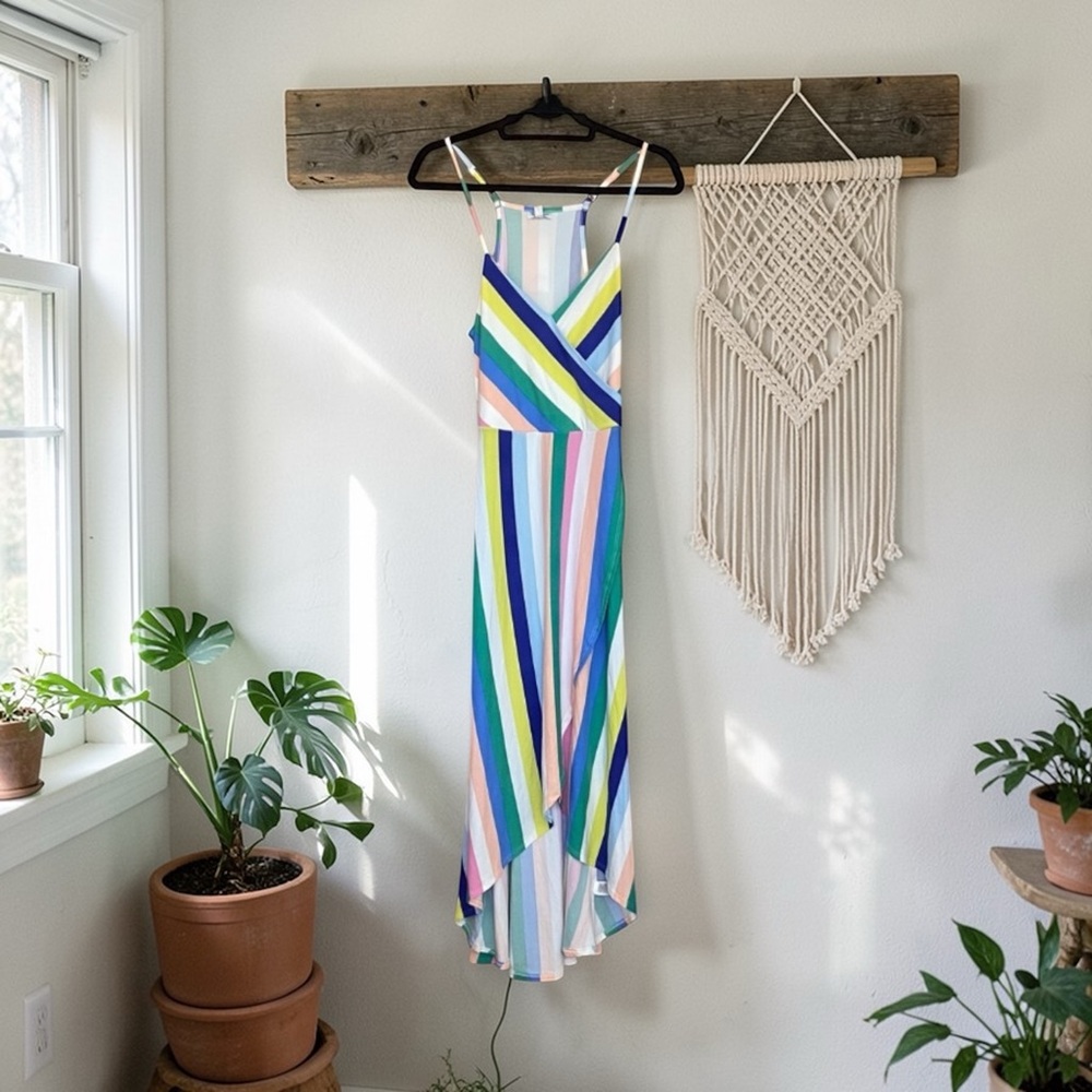 Love Fire Rainbow Stripe Wrap Maxi Dress Colorful Summer Resort NWT Medium Boho